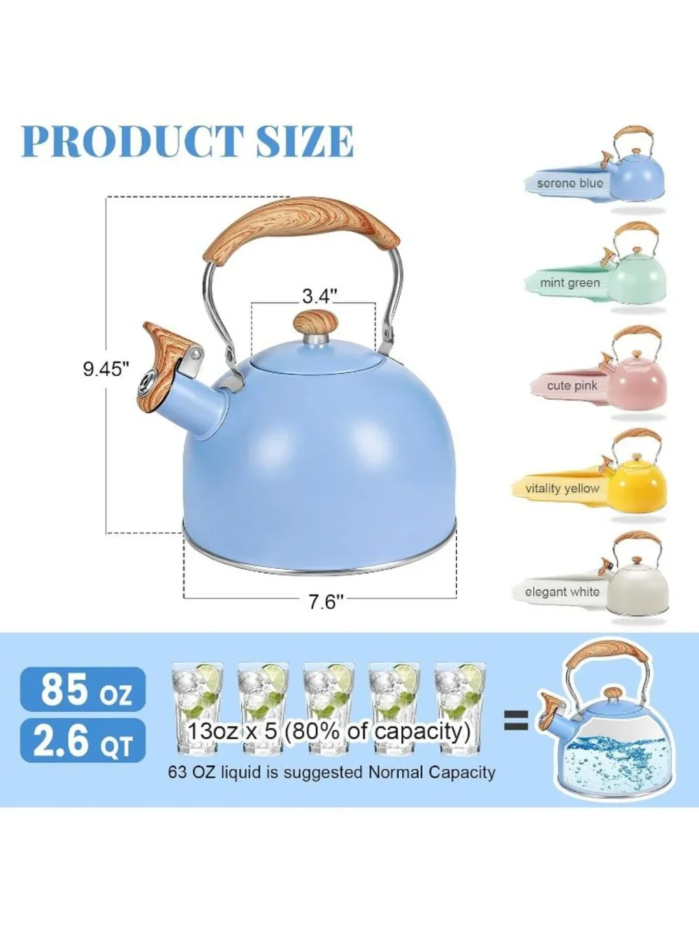 GGC Blue Stainless Steel Kettles 2.6QT Whistling Stove Top Folding Wood Handle